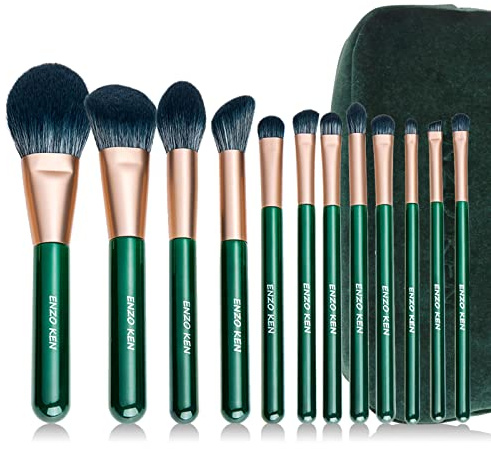 ENZO KEN Ensemble de Pinceaux de Maquillage Naturels en Fibre Naturelle Et en Poils de Chèvre Professional avec Sac, Set de Pinceaux de Maquillage Vert Émeraude pour Cheveux Combinés.