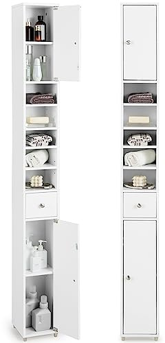 COSTWAY Mobile Bagno Alto Stretto, Mobile Colonna Salvaspazio con 2 Ante, Cassetto e 5 Ripiani Regolabili, Mobiletto a Terra per Soggiorno e Camera da Letto, 20 x 20 x 180 cm (5 Ripiani, BIanco)