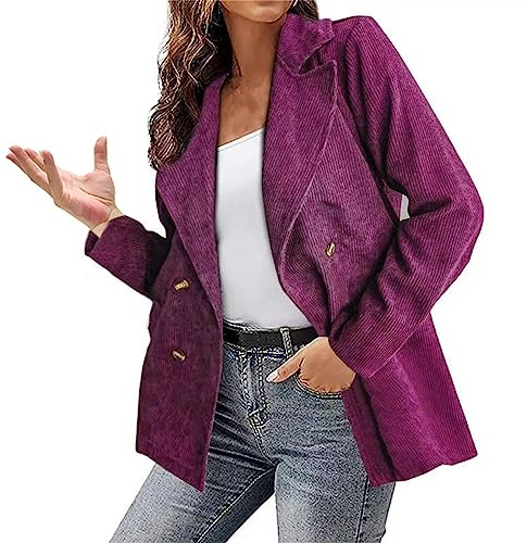 L9WEI Blazer Elegante para Mujer - Chaqueta de Pana Monocolor, Solapa de Negocios, Retro, Oficina, Botones, Vintage, Cálida para Otoño - Rojo, L