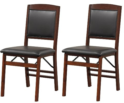 GiantexUK Folding Dining Chairs Set of 2/4, Upholstered Kitchen Chairs with Rubber Wood Legs, Padded Seat and Backrest, PVC Leather Side Seating for Dining Living Room (2, Black+Brown, 43 x 55 x 87cm)