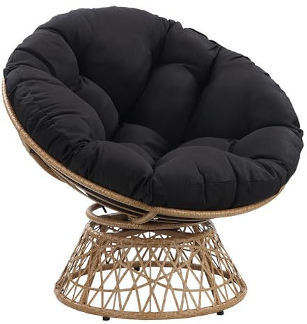 OSP Home Furnishings Wicker Papasan Chair with 360-Degree Swivel, Natural Frame with Black Cushion