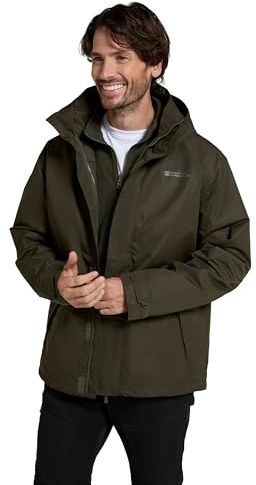 Mountain Warehouse Fell Mens 3 in 1 Water Resistant Jacket - Adjustable Coat, Packaway Hood, Detachable Inner Fleece, Many Pockets - Spring Summer, Outdoors Dark Khaki L