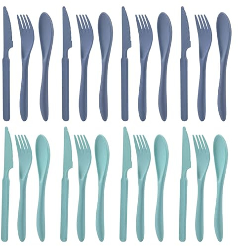 8 Sets Knives Spoons and Forks, Thickened Design Wheat Straw Cutlery, Reusable Utensils Set for Kid or Adult, Fork Spoon Knife Set for Party, Travel, Work, Picnic, Camping (Blue and green)