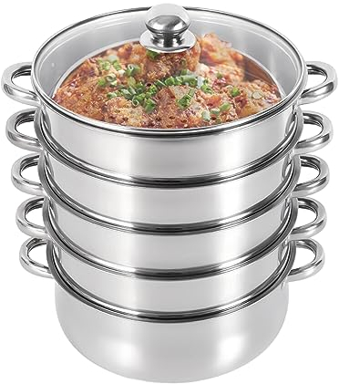 TESUGN 26/28/30 cm Vaporera de 5 niveles, olla de vapor de acero inoxidable con tapa de cristal, acero inoxidable, vaporizador de patatas, plata (plateada, 30 cm)