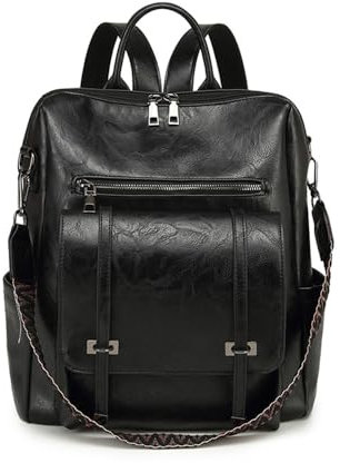 LUXCAELY Damen Rucksack 2 in 1 Diebstahlsicher – Britisches Retro Design PU Leder Großes Fassungsvermögen für Pendler, Schule, Reisen, 14-Zoll Laptopfach - Schwarz
