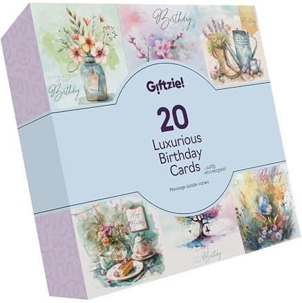 Luxury Birthday Cards Multipack - Assorted Watercolour Pastel Cards - 20 Pack of Birthday Cards and Envelopes for Women Men, 145mm Happy Birthday Greeting Card Box