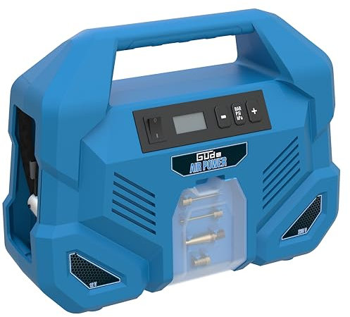 Güde Kompressor Airpower Dual Drive 12/230V/5-tlg. (150 W, max. 8 bar, 20 l/min eff. Liefermenge, öl- und wartungsfrei, 12 Volt & 230 Volt Anschluss, LCD-Display, 0,6 m Druckluftschlauch & Zubehör)
