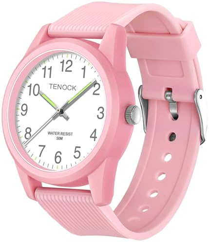 TENOCK Kids Analog Watches for Girls Boys Watches with Soft Band Learning Time 50M Waterproof Children Watch Easy to Read for Ages 4-12 Kids Gift (L-Pink)