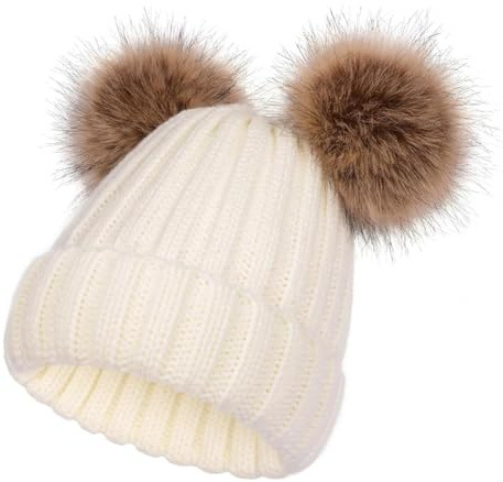 SERENYOU Kids Winter Beanie Hat Double Pom Pom Toddler Boys Girls Warm Knitted Bobble Cap 3-10 Years White
