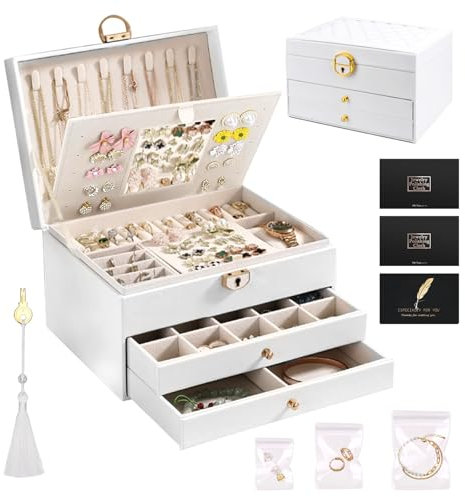 KIMIGO Scatola Portagioie A 3 Livelli,Porta Gioie,Portagioie Da Viaggio Per GioielliPortagioie Con Specchio Con 2 Cassetto,Per Anelli Bracciali Orecchini Collane,Chiudibile A Chiave Con Chiave