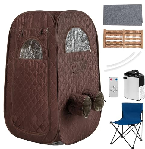 Costway Bärbar ångbastu, hemmabastu för 1–2 personer med 3-liters ånggenerator, timer, fjärrkontroll, fotmassageapparat och klappstol, bastutält, sittbastu för hemmabruk, 89 x 89 x 149 cm (brun)