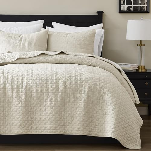 palassio Beige 100% Cotton Quilt King Size Bedding Sets with 2 Pillow Shams, Textured Lightweight Soft Bedspread Shabby Chic Coverlet, Neutral Quilted Comforter Bed Cover for All Season, 3 Pieces