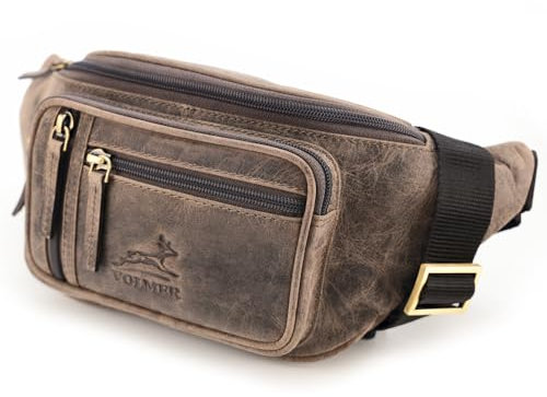 Fa.Volmer ® Bauchtasche | Gürteltasche | Hüfttasche in Echt-Leder für Damen und Herren | braun (Umbragrau) | Verstellbarer Gurt bis 130 cm | Modell: Madrid