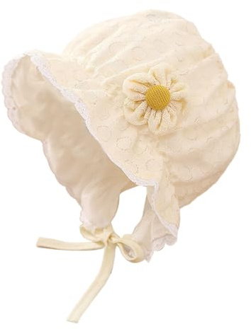 HEOXIN Infant Unisex Baby Girls Lace Sun Hat, Toddler Summer Beach Hat with Cute Flower Decoration, Princess Ear Protection Bonnet Cap with Adjustable Chin Strap for 1-12 Months, Yellow, Size 42CM