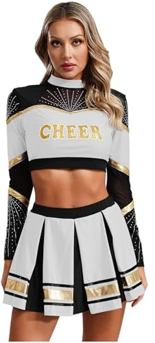 inhzoy Damen Cheerleading Kostüm High School Cheer Leader Rock Langarm Crop Top Pompons 2er/4er/5er Set Halloween Karneval Kostüm Weiß-Zweiteiler M
