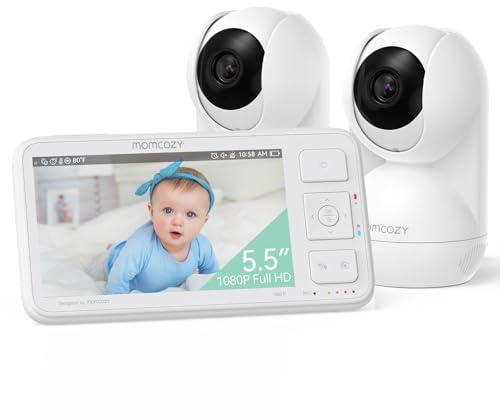 momcozy babymonitor med 2 kameror, 5,5 tum 1080P Full HD, delad videomonitor med kamera och ljud, ingen WLAN, 5 800 mAh batteri, VOX, 500 m räckvidd (SD-kort ingår ej)