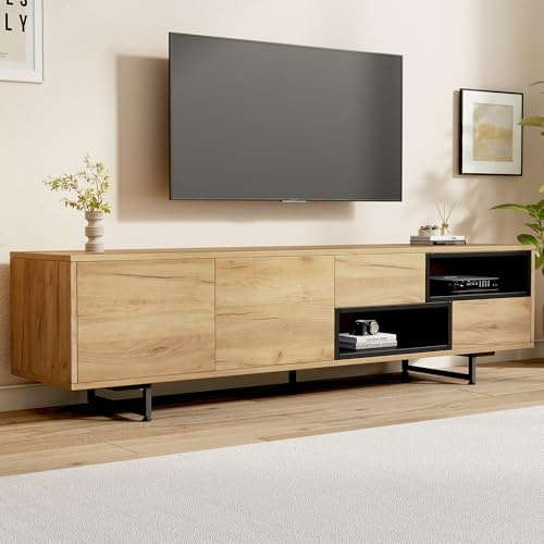 Mobile basso per TV, molteplici funzioni di archiviazione, truciolato color legno, spazio aperto con scomparti per scalette, può ospitare TV fino a 70, 173 x 38 x 48 cm