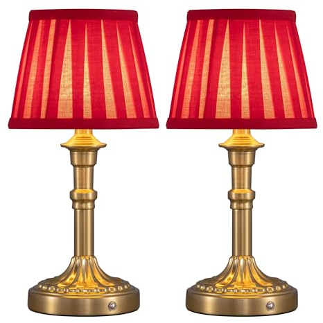 NEWSEE 2-Pack Rechargeable Cordless Table Lamp,Battery Operated Small Bedside Lamp with Fabric Shade,Stepless Dimming LED Touch Light for Living Room,Dining Room,Bedroom,Bathroom(Bronze+Red)