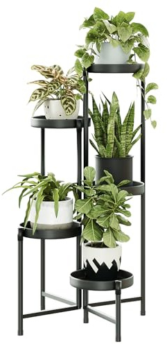 Bamworld Blumenständer Metall 5 Ebenen, Modernes Pflanzenregal für Innen und Außen, Stabiler Pflanzenständer mit Mehreren Ablagen, Platzsparender Blumenhocker für Wohnzimmer Balkon Garten