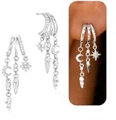 Star Moon Silver Earrings for Women Trendy Jewellery Sterling Silver Triple Huggie Earrings Dainty Dangle Earring Small Hoops Statement Long Drop Chain Earrings Fashion Non Tarnish