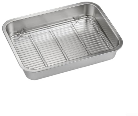 Teglia da cucina in acciaio inox con griglia di raffreddamento per cottura multiuso, tra cui arrosto, cottura e drenaggio del grasso (31 x 24 x 5 cm)
