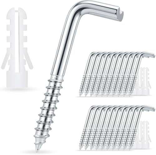 20 set med vinkelskruvkrokar M5x50 mm med hög lastkapacitet | Silvergrå L-skruvkrok för väggmontering med skruvkrok med skårat huvud | För förvaring och upphängning av verktyg i garage, kök