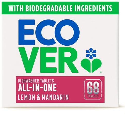 Ecover All in One Dishwasher Tablets, Contains Salt & Rinse Aid, Powerful Cleaning, Fresh Lemon & Mandarin Scent, Pack of 1, 68 Tablets