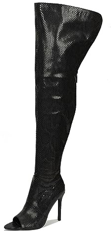 Cape Robbin Toxic Faux Snake Thigh High Over The Knee Boots, Black Peep Toe Stiletto Heel, Fashion Dress Boots for Women - Black Size 7