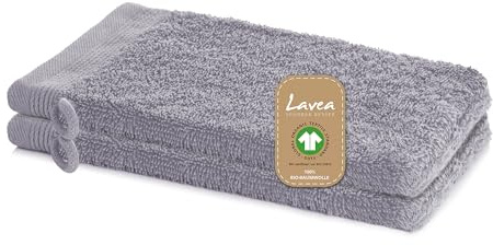 Lavea® 2 Guanti da Bagno 16 x 22 cm cm in Spugna di Cotone Bio 100% Morbidi e Assorbenti, per Casa Hotel Spa – Manopola da Bagno con Gancetto – Grigio chiaro