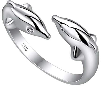 Happyyami Anillos de Apertura Plateado Anillo con diseño de delfines para mujer o niña, ajustable, color plateado