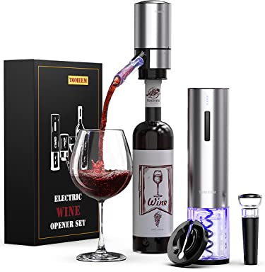 Tomeem Set di apribottiglie elettrico per vino, con apribottiglie ricaricabile, aeratore elettrico per vino, tappi sottovuoto e tagliapiatti, apribottiglie elettrico 4 in 1, per casa, feste, bar