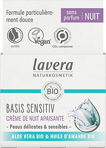 lavera basis sensitiv Crema da notte lenitiva - cosmetici naturali - vegano - Aloe vera bio & olio di mandorle biologico - idratante - crema viso - cura notte - senza profumo - 1 x 50 ml