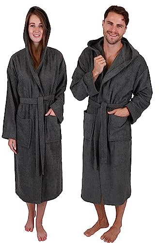 Betz Baumwolle Bademantel mit Kapuze für Herren und Damen - Saunabademantel - langer Bademantel - Saunamantel - Farbe anthrazit - Größe L/XL - FULDA