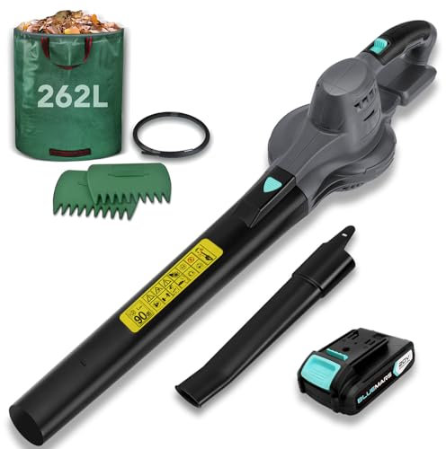BlueMars Lightweight Cordless Leaf Blower for Gardens, Patios, Driveways,w/ 20V Battery, Charger,Minimal Noise and Vibration,Inclu. Garden Leaf Grabbers & 262L Garden Waste Bag,Blowing Leaf/Snow/Dust