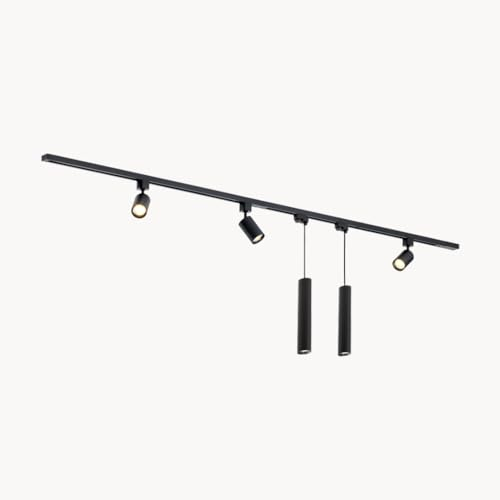 Qub Focus III 1-Phasen Led Schienensystem Komplettset - 300cm - Set 3 Spots und 2 Pendelleuchten - 3x 1m Schienen - I-Form - GU10 & LED-Kompatibel - Erweiterbar & flexibel - Spot lampe - Schwarz