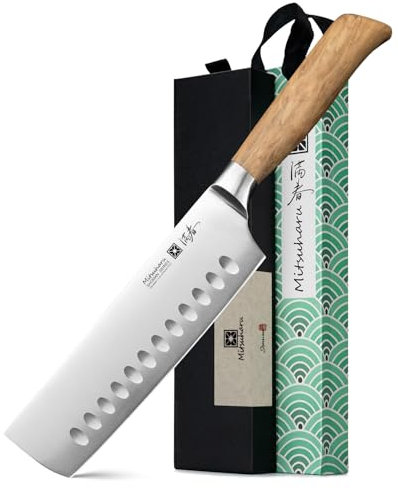 Mitsuharu 7 inch Nakiri Knife, SHOMAN Series Vegetable Knife, Razor Sharp Blade, Ergonomic Olive Wood Handle, German Steel Meat Cleaver, Japanese Chef Knife, Vegetable Kitchen Knife with Case