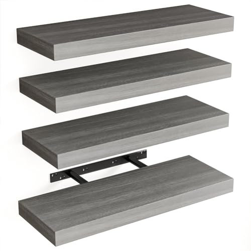 BAKAJI Set 4 Mensole da Parete in Legno Massiccio, Scaffali a Muro Multiuso con Staffe a Scomparsa in Metallo, Scaffalatura per Camera da Letto, Soggiorno, Cucina, Bagno, 40 x 14 x 3 cm (Grigio)