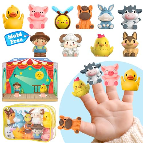 Oriate Bauernhof Tiere Fingerpuppen, Badespielzeug für Kinder mit Aufbewahrungstasche, Kleinkind-Spielzeug für Story Time Stuffer mit Performance Bühne, Mold Free Travel Toys Party Favors 12m+ 10 Pc