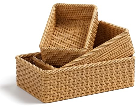 LAVNTM Rattan Storage Basket, 3 Pack Hand Woven Rectangular Fruit Baskets for Serving, Picnic Basket, Wicker Storage for the Living Room Kitchen (Honey Brown)
