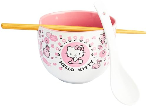 Get Trend Hello Kitty Sanrio Bol Ramen 600ml con Palillos y Cuchara, Juego 3 Piezas Cuencos Ceramica Japonés para Sopa Fideos Noodles, Regalos Hogar (Multi Hello Kitty)