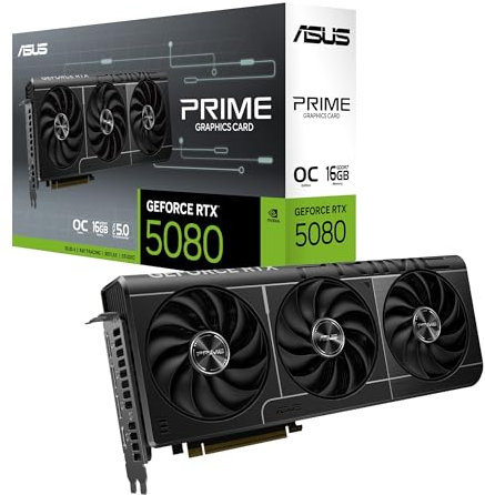 Asus Prime GeForce RTX 5080 OC Edition 16GB OC Edition – Carte Graphique (PCIe 5.0, HDMI, Display 2.1, 2.5 Slot, Ventilateurs axiaux, Chambre à Vapeur, SFF-Ready)