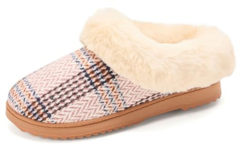 Dearfoams Women's Hannah Festive Knit Clog, Pink Plaid, 7-8