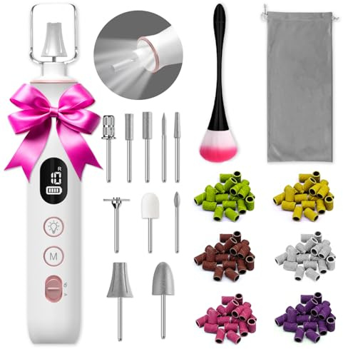 Electric Nail File, 10 Speeds Cordless Nail Drill with LED Light, Portable Manicure Pedicure Kit for Acrylic Gel Nails Thick Toenails Nail Grind, Hand Natural Nails Care - 10 Bits & 120 Sanding Bands