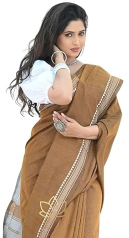 Women's Designer Cotton Indian Handloom Khadi Ethnic Saree with Tassels Unstitched Blouse Piece for Festival Wear (US, Alpha, One Size, Regular, Regular, Standard, Brown)