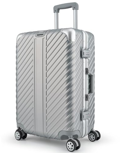 LETTOO 72L Hartschalenkoffer mit Alu-Rahmen | Reisekoffer mit Rollen - Extrem Stabiler Trolley Koffer mit Laptoptaschen-Befestigung [WASSERGESCHÜTZT] mit Eckenschutz (Silber, Mittelgroße 24 Zoll)