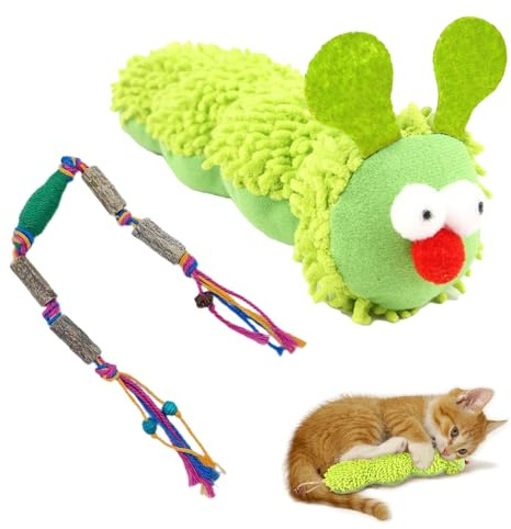 MUNSKT 2 Pc Cat Toy Set - Catnip Caterpillar and Green Lucky Rope, Chew-Resistant Interactive Teething Toy for Cats Dental Care