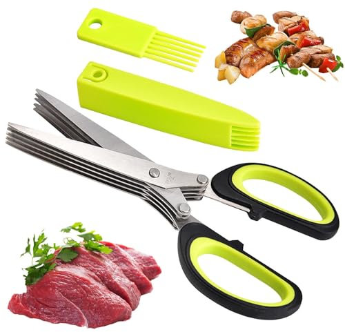 Ciseaux d'herbes - Cuisine polyvalente en acier inoxydable Cistes d'herbes | 5 couches CHEARS CHEARS Cutter | Coupe de coupe avec 5 lames et couvercle de sécurité et nettoyage de peigne à salade