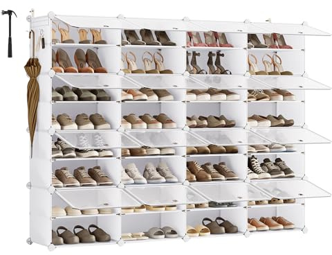 SONGMICS Scarpiera, Scaffale Modulare da Ingresso, con Sportelli, Telaio in Acciaio e Ripiani in Plastica, Camera da Letto, 16 Scomparti per 64 Paia di Scarpe, Bianco Nuvola e Trasparente LPC045WH01