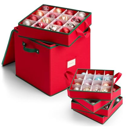 Wintem Caja para bolas de Navidad de tela Oxford, plegable, 32 x 32 x 32 cm, con 4 compartimentos modulares para 64 decoraciones, protección antipolvo y fácil de guardar debajo de la cama o en el
