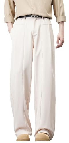 Generisch Pantaloni in tessuto da uomo Baggy, eleganti, a gamba larga, morbidi, da lavoro, casual, per il tempo libero, classici, tinta unita, con pieghe, vestibilità regolare, O beige., M